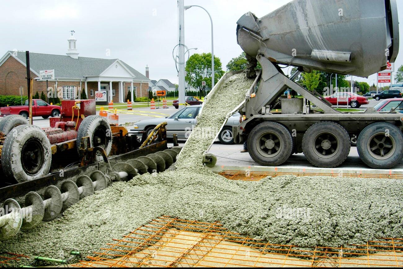 Ready-mix concrete pouring through chute for large coverage
